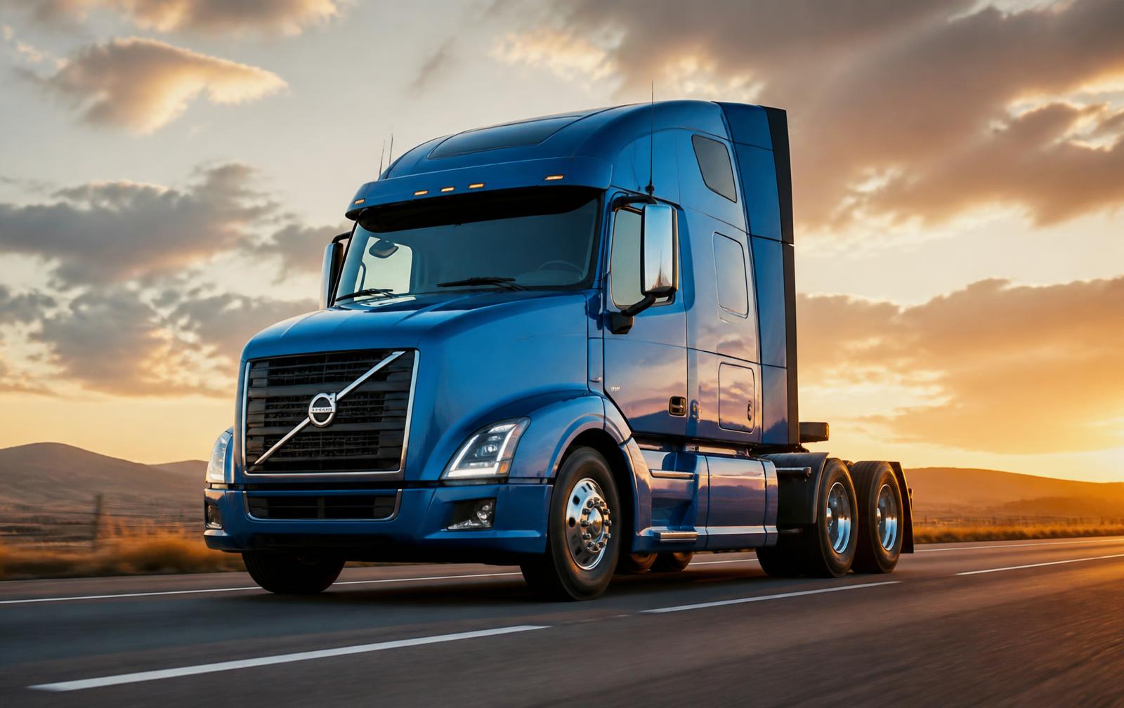 Caminhão Scania azul em rodovia ao entardecer